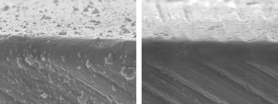 2) Close up of hard droplets formed during hard coating of cutting tools and then removed by surface finishing in an Otec DF machine