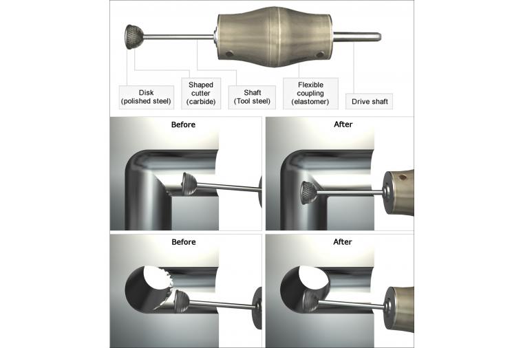 1) Orbitool deburrs cross-drilled holes and is available in the UK from Fintek