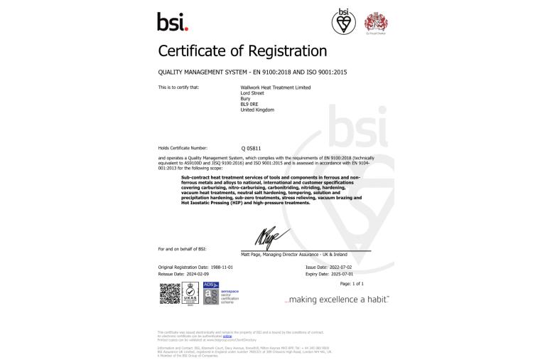 1) AS9100 certificate now with hot isostatic pressing added to the scope at Walllowrk