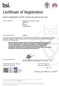 1) AS9100 certificate now with hot isostatic pressing added to the scope at Walllowrk